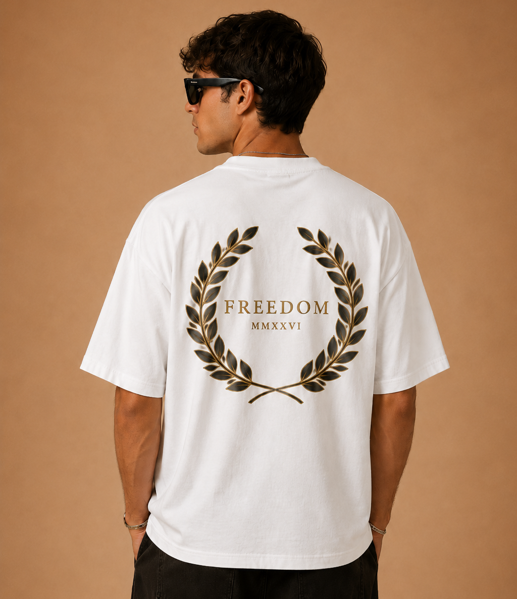 Ексклузивна бяла oversize тениска A&A Clothes с luxury принт FREEDOM и премиум памучна материя