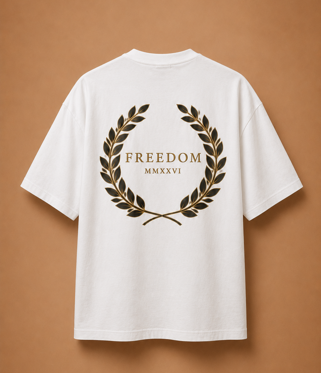 Мъжка бяла овърсайз тениска A&A Clothes с принт FREEDOM и черно-златен лавров венец на гърба, изработена от премиум 100% памук в луксозен old money стил.