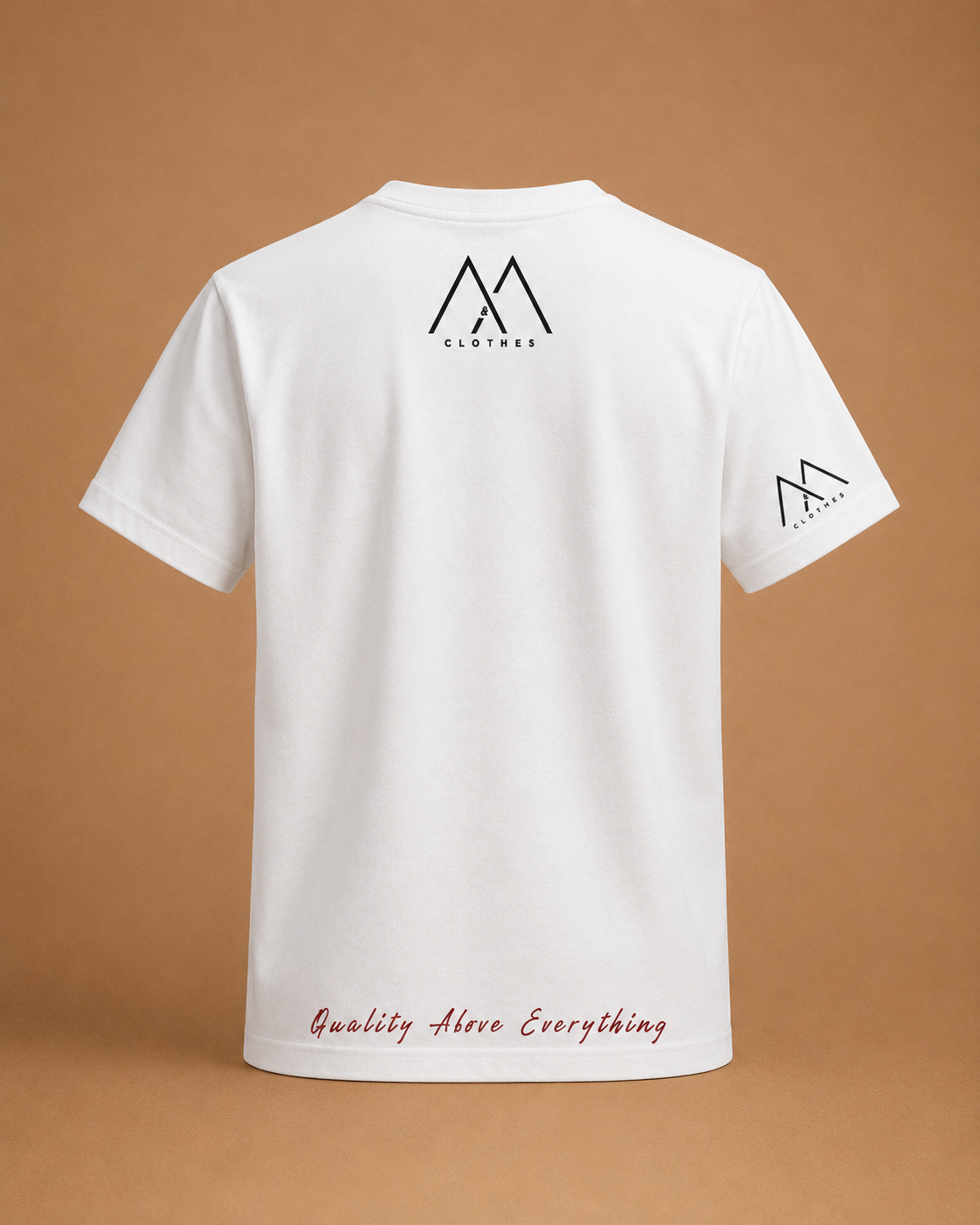 Бяла premium мъжка тениска с минималистично черно лого на гърба и ръкава, luxury streetwear дизайн с надпис “Quality Above Everything”, clean old money визия.